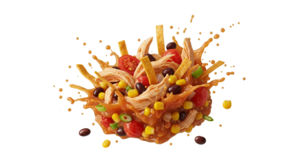 Explosion of flavor a vibrant medley of southwest ingredients frozen in time tantalizing culinary creation against a pristine white backdrop