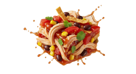 Explosive flavorful chicken tortilla bowl, a vibrant culinary experience with fresh toppings in a dynamic liquid splash for a bold visual statement