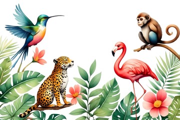 Tropical Wildlife Illustration with Leopard, Flamingo, Monkey and Hummingbird