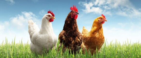 The Chickens Standing in Lush Green Grass Under a Bright Blue Sky