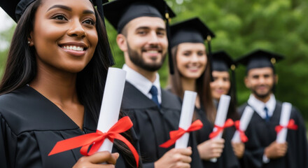 A diverse group of smiling graduates in black gowns proudly holds diplomas, celebrating their academic achievements outdoors against a blurred green tree backdrop. They exude optimism and success.
