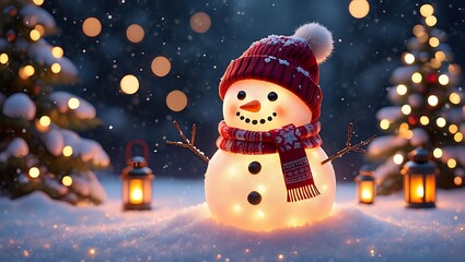 Glow-in-the-Dark Snowman with Knit Hat and Scarf, Surrounded by Lanterns, Bokeh Lights, and Snowy Pine Trees