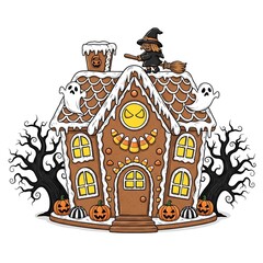 Spooky Halloween Gingerbread House with Witch and Ghosts