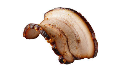 Exquisite slice of tender, caramelized pork belly featuring layered meat on a pristine white backdrop  perfect for culinary and gourmet themes