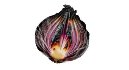 Half cut burnt red onion with visible smoke against white background showcasing food preparation failure and culinary mistakes isolated shot