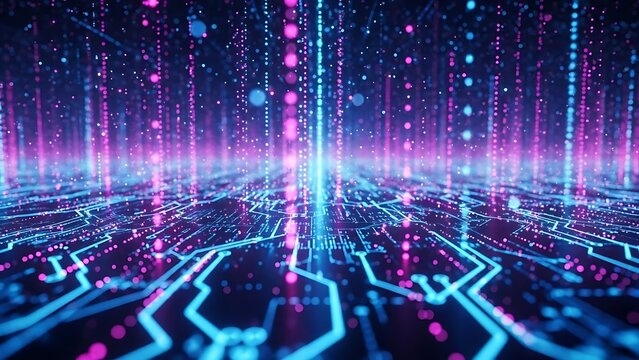 Abstract digital data flow and circuit board technology background with glowing pink and blue lights