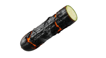 Smoldering Cucumber: A Surreal Juxtaposition of Freshness and Fiery Destruction isolated