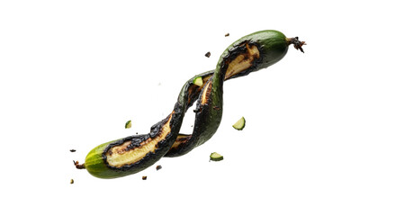 Grilled cucumber spiral revealing its refreshing interior against a stark white backdrop, emphasizing its unique preparation and isolated presentation