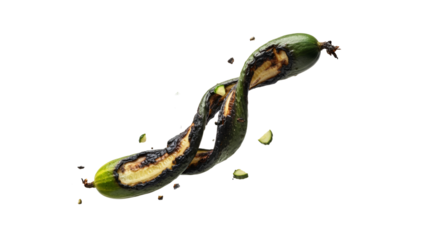 Grilled cucumber spiral revealing its refreshing interior against a stark white backdrop, emphasizing its unique preparation and isolated presentation