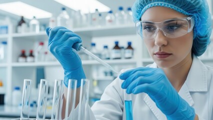 Female scientist pipetting blue liquid into a test tube in a modern laboratory