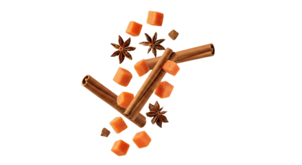 Aromatic arrangement of cinnamon sticks, star anise, and butternut squash cubes on white surface background providing warm fall vibes  perfect for