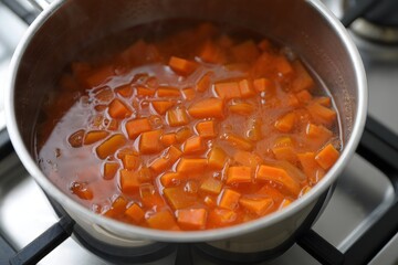 Sweet Potatoes Boiling in Stainless Steel Pot on Stove