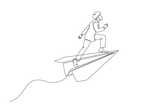 Continuous one line drawing of Successful Businessman Riding Paper Airplane for Career Growth and Ambition.