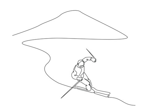 Continuous line drawing art of skiing at mountain- winter sports. Ski sport in single line draw with active stroke.