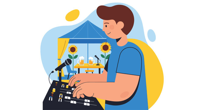 A professional sound engineer, depicted in a flat vector style, operates a large audio mixing console with focused concentration. He is managing the sound for an outdoor event or festival, visible beh