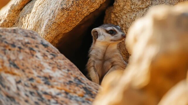 Alert meerkat observing its surroundings amongst rocks in daylight