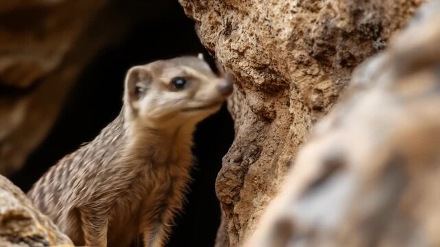 Alert meerkat emerging from rocky structure wildlife behavior in natural habitat