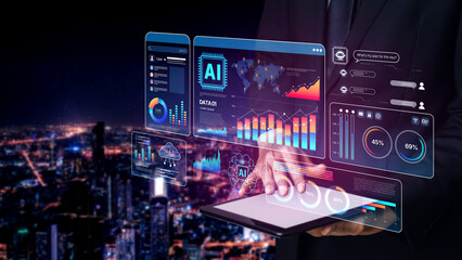 Fototapeta premium AI Assistant Brain Processor with LLM Technology, Big Data, Machine Learning, Generative AI for Business Support, Future Agentic AI Technology and Artificial Intelligence Prompt Engineering. Spline