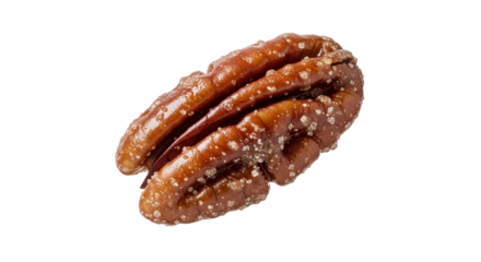 Studio shot showcasing a candied pecan with sugary granules against a pristine white background, perfect for autumn treats and delightful snacks