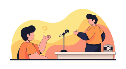 Fototapeta premium Modern flat vector illustration depicting a public speaking event or interview. Two male characters are seated or standing around a desk with a microphone, symbolizing a Q&A session, press conference,