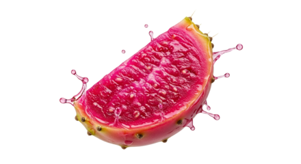 Exotic dragon fruit slice explosion of freshness against pure white backdrop offering vibrant colors and refreshing tropical allure