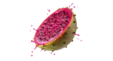 Exotic pitaya fruit slice with vibrant fuchsia pulp and fresh juice droplets against clean backdrop delivering visual harmony and captivating