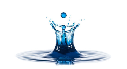 Captivating blue water droplet impact creating a crown-shaped splash effect against a clean white backdrop showcasing fluid dynamics and motion