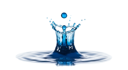 Captivating blue water droplet impact creating a crown-shaped splash effect against a clean white backdrop showcasing fluid dynamics and motion