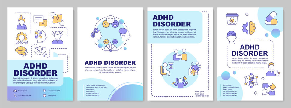 ADHD disorder blue gradient brochure layout. Mood control, mental health. Leaflet advertising design with color line icons. Editable 4 pages. Arial-Bold, Myriad Pro-Regular fonts used