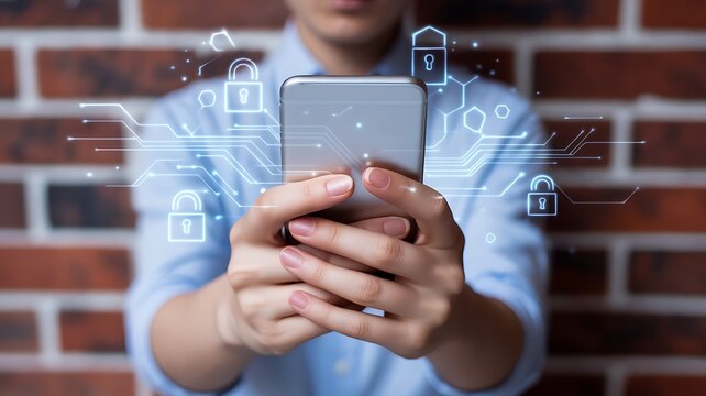 Person Holding Smartphone with Digital Security Icons Keywords: smartphone, mobile phone, cell phone, technology, digital security, cybersecurity
