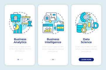 Business data analysis onboarding mobile app screen. Statistical analytics. Walkthrough 3 steps editable graphic instructions with linear concepts. UI, UX, GUI. Montserrat SemiBold, Regular fonts used