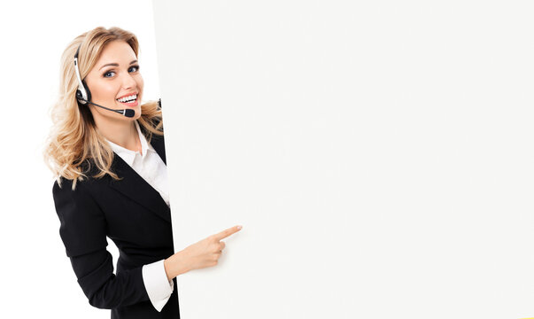 Call center. Customer support callcenter service phone operator, businesswoman sales agent wear headset, black suit jacket stand behind signboard with free ad text space, isolated white background
