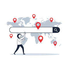 Person holding a search bar with map and location pins.