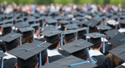 A large group of students wearing black graduation caps and gowns is seen from behind in an outdoor ceremony with a blurred green background, marking their academic achievement and celebration. 