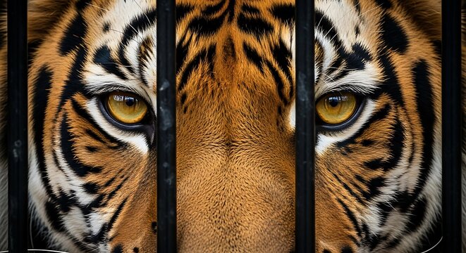 Close-up of a tiger's face behind black bars, focusing on its amber eyes and striped fur.