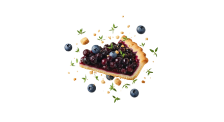 Delectable blueberry tart slice hovering gracefully amid scattered blueberries and fresh green herbs and scattered cookie crumbs