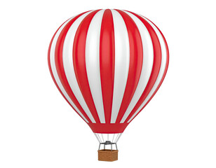 Obraz premium Red and white hot air balloon with striped pattern and detailed basket creating vibrant floating travel imagery isolated on white background