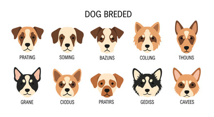 Fototapeta premium Collection of diverse flat design dog breed illustrations showcasing various canine facial features and fur patterns for pet-related graphics and educational content