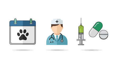 Comprehensive vector icon set detailing essential pet healthcare services from scheduling animal appointments to veterinary professional consultation and medication management for animals