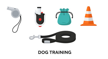 A comprehensive collection of essential tools and accessories for effective dog training, featuring various equipment to help pet owners teach commands and manage their canine companions