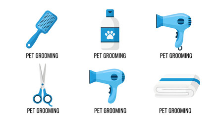 Comprehensive vector illustration set showcasing essential pet grooming tools and hygiene supplies for canine and feline care, perfect for home use or professional animal salons