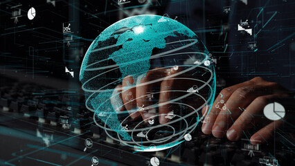 Visual representation of global connectivity through technology, featuring an artistic globe, data points, and hands interacting with a keyboard, symbolizing modern communication. Xenic