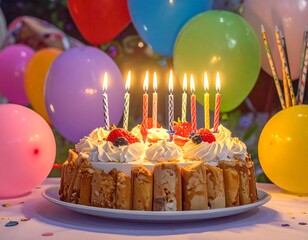 Delicious cake with burning candles, balloons, and berries for celebration