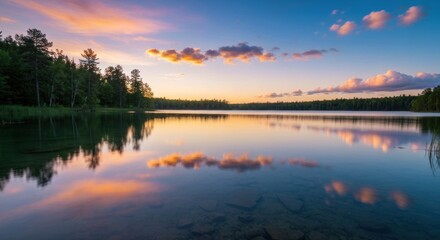 Fototapeta premium Tranquil lake at sunset, mirrored reflections