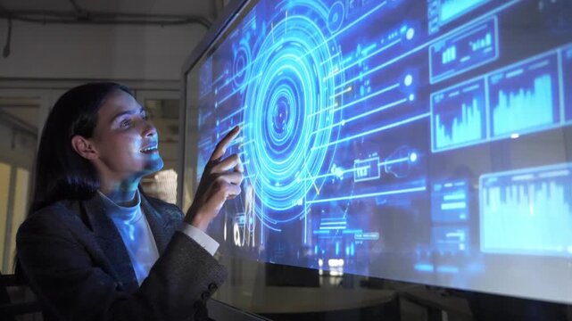 Woman analyst uses AI neural networks for data mining and optimization, working in a multinational company with automation tools. Artificial intelligence digital tools for success.