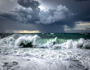 Fototapeta premium Dramatic view of ocean waves crashing beneath a stormy sky