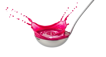 Captivating crimson liquid explosion in a steel ladle highlighting movement and vibrant energy, conveying freshness and dynamic motion within the