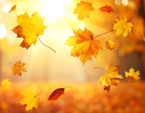 Falling maple leaves in a golden forest with sun rays bursting through the canopy - Powered by Adobe