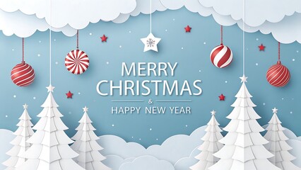Merry christmas and happy new year greeting card with paper cut style winter landscape