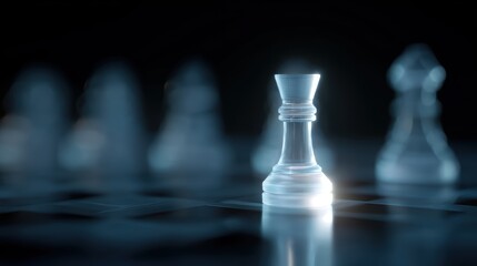 A symbolic chess piece glowing strongly on a digital board representing strategy and leadership